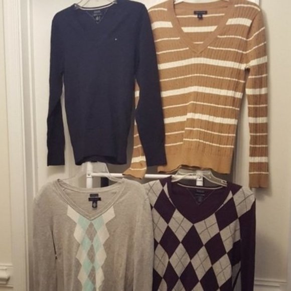 TOMMY HILFIGER Sweaters Academia lot 4 Cotton Preppy Argyle Stripe Fall V-Neck - Picture 5 of 5